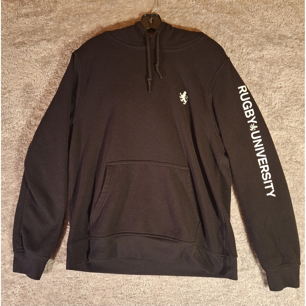 Rugby University Black Hoodie Size L Modern Fit Lion Logo Graphic Print Pullover